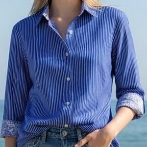 Chicos Blue White Striped Shirt Paisley Cuff Button Down Preppy Sz 2/US Lg 12